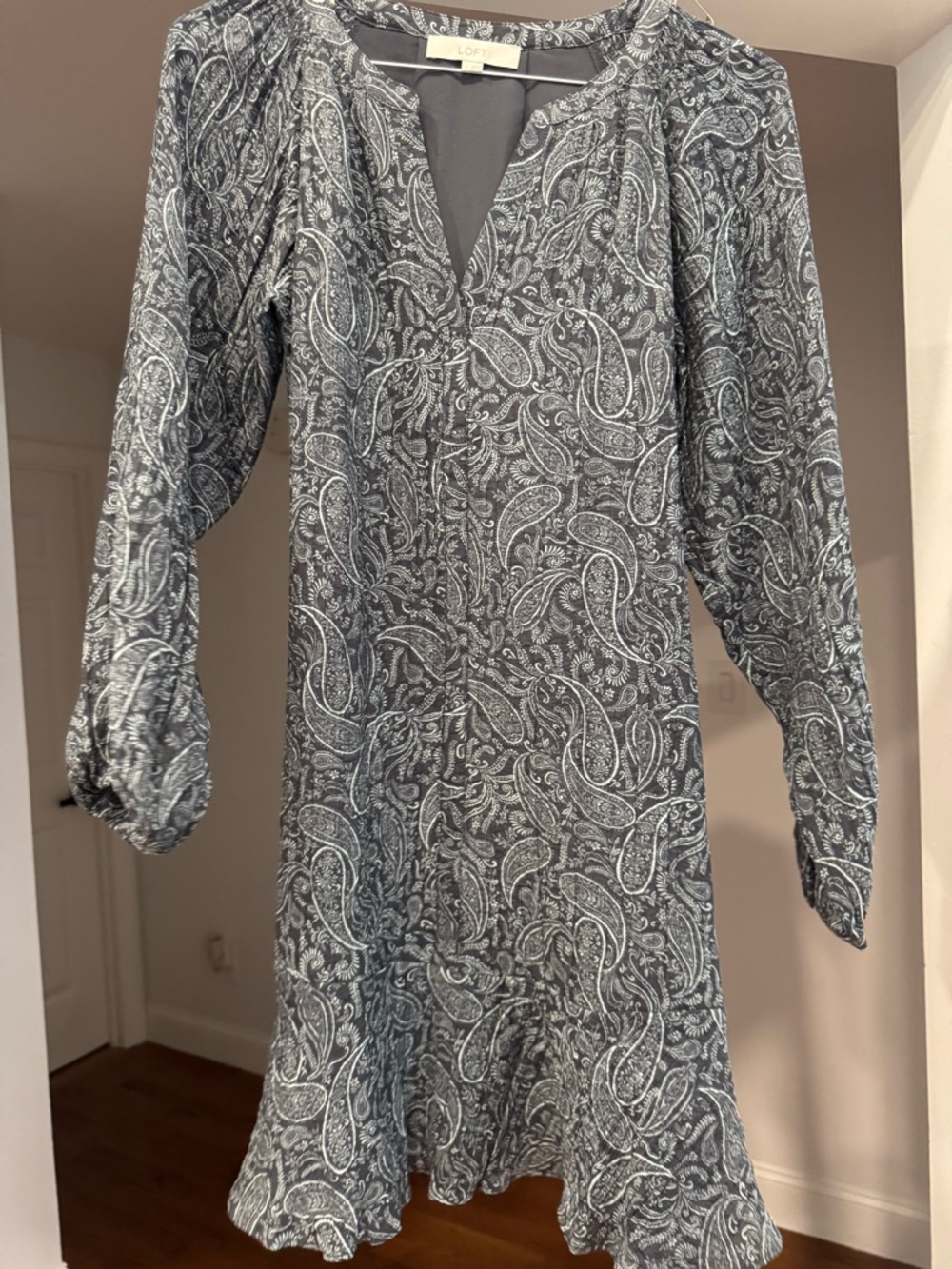 LOFT Navy and White Paisley Long-Sleeve Dress
